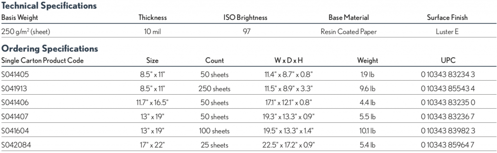 EPSON Ultra Premium Photo Paper Luster specs